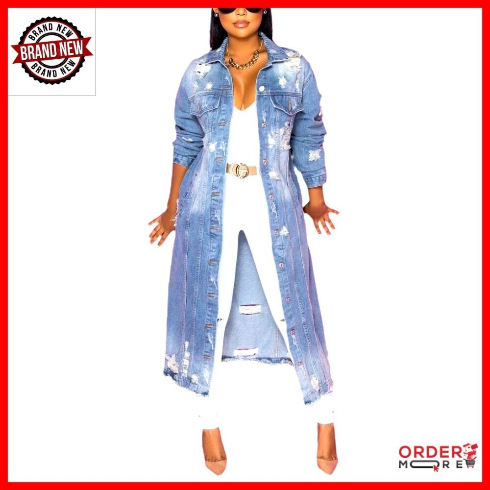 Maxi Long Denim Trench Coat with Ripped Holes, Regular Fit